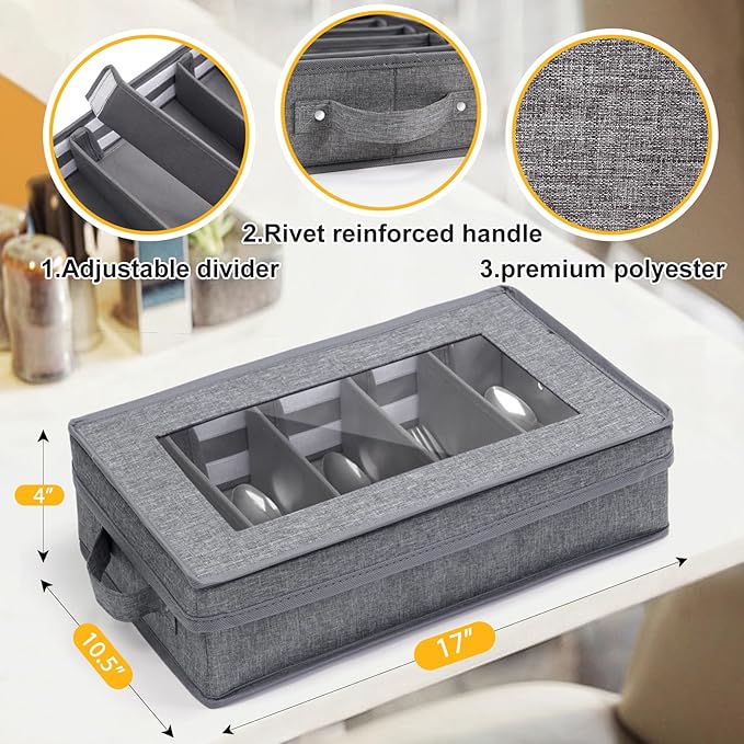 Lafulling Silverware Storage Box, Flatware Storage with Adjustable Dividers