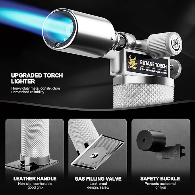 RAVS Butane Torch Lighter Refillable, White Kitchen Torch with Adjustable Flame, Premium Metal Creme Brulee Torch for Baking, Welding, Cooking Torch Butane Not Included