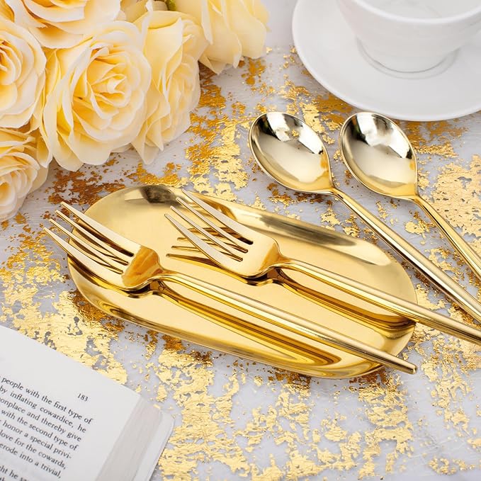 SUT 200PCS Plastic Forks and Spoons Heavy Duty Set, Gold Disposable Silverware, gold Cutlery, Disposable Utensils, Plastic Flatware Includes 100 Forks, 100 Spoons for Party