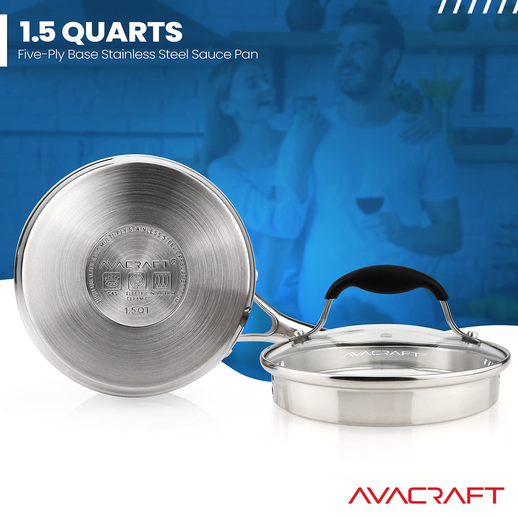AVACRAFT 1.5 Quart Stainless Steel Saucepan with Glass Strainer Lid
