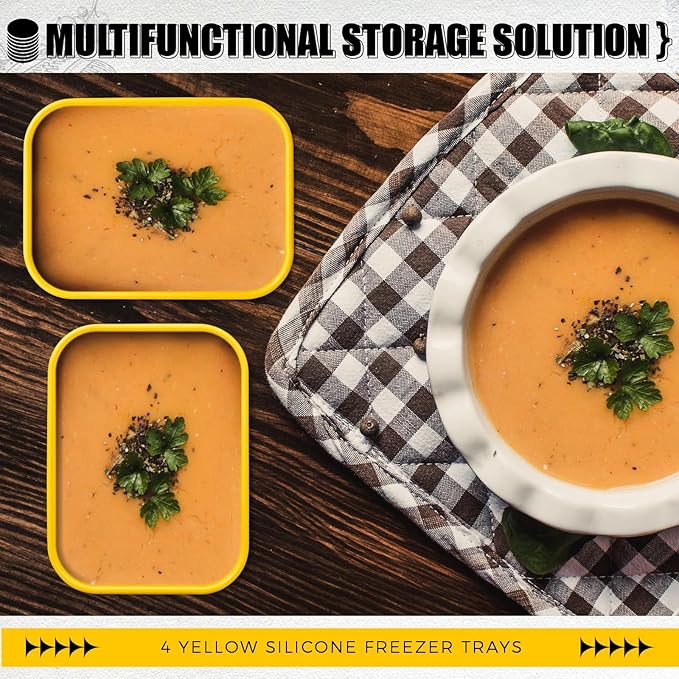 Nuogo 4 Pcs 6 Cup Silicone Freezer Trays with Lid Soup Containers, Yellow