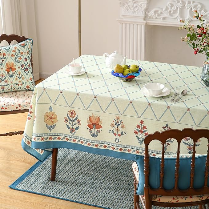 ISAENNE Designer Vintage Linen Rectangular Tablecloth,110"x63"-Floralsea B