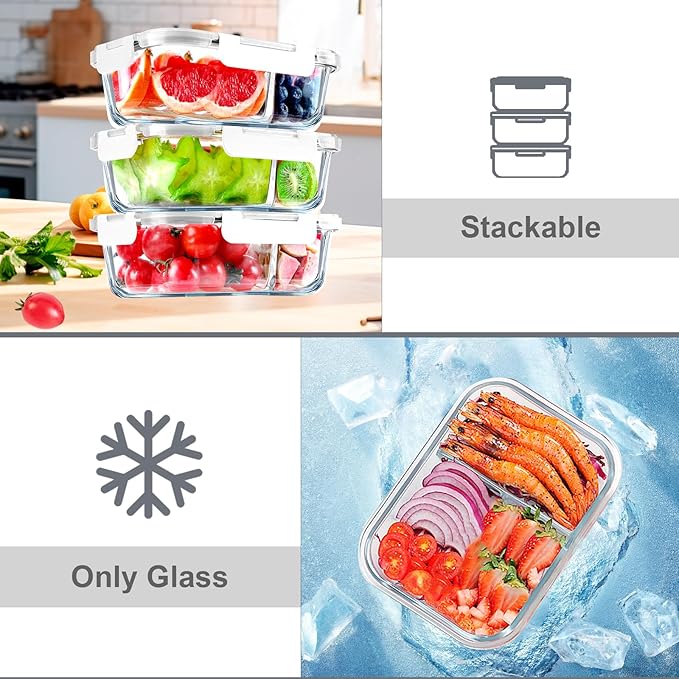 VERONES 5 PACK 36 OZ Glass Food Storage Containers 2 Compartment Set, Wihte