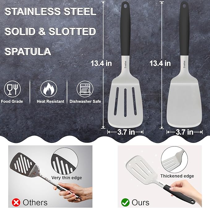 Svailse 13.4 in Stainless Steel Spatula Set of 2, Heavy Duty Solid & Slotted Metal Spatula with Silicone Handle for Cast Iron Skillet, Egg, Burger and Grilling, Large