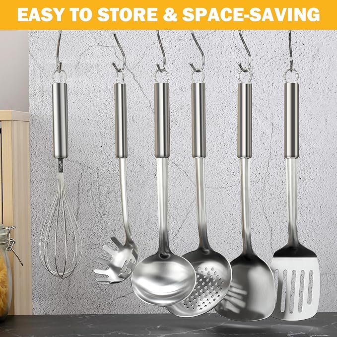Gymdin 6-Piece Kitchen Cooking Utensils Set, Stainless Steel Kitchen Utensils with Suspendable Handle, Spatula, Slotted Turner, Soup Ladle, Slotted Spoon, Whisk, Pasta Server, Dishwasher Safe