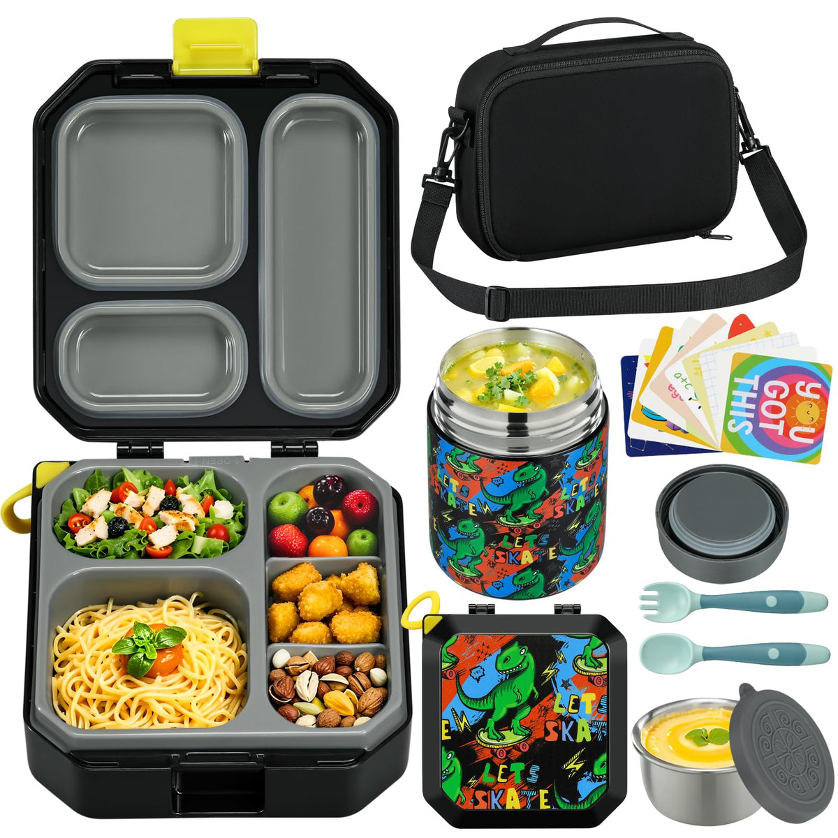 Itslife Bento Lunch Box Set for Kids with 12oz Soup Thermo&Lunch Bag, Leak-Proof Lunch Food Containers for Kids School, 5 Compartment, Sauce Cup, 10 Notes (Grey Dinosaurs)