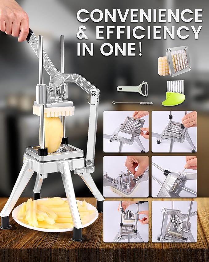 Ezcasch French Fry Cutter with 4 Blades(1/4", 3/8", 1/2", 8-wedge slice)