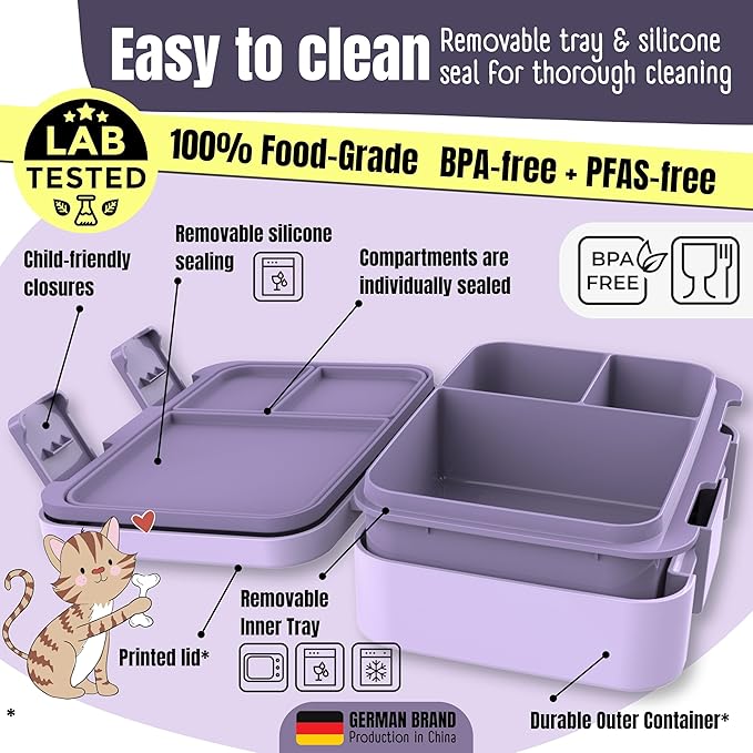 BEARFOOT Kids Lunch Box with Compartments – Compact & Lightweight | Leak-Proof, BPA-Free, Dishwasher Safe | Hand-Drawn Design for Preschool, School, Travel (Sticker Purple, 2.75 Cups)