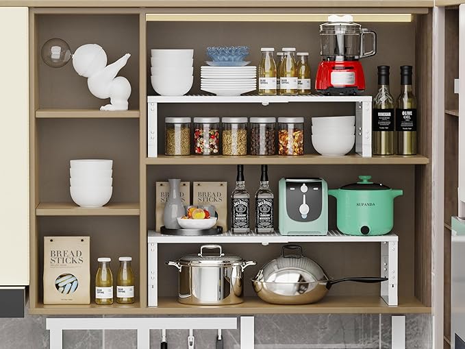 Jojocross Adjustable Expanable Stackable Spice Rack Shelf Pantry Storage Organizer for Kitchen Cabinet,Countertop,Bathroom and More.Space is no Longer Limited(1Pack/White/Large)