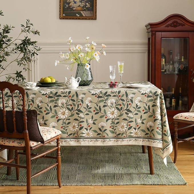 ISAENNE Designer Vintage Linen Green Rectangular Tablecloth,71"x55"-Brune