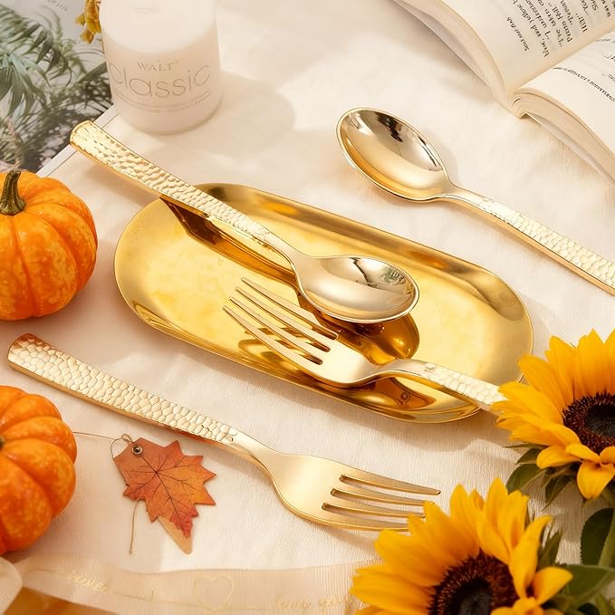 KIRE 400PCS Gold Plastic Spoons and Forks Disposable - Gold Plastic Silverware Set Disposable Spoons and Forks Set for Thanksgiving Party,Birthday
