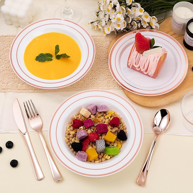 BESTSTAR 100 Pack Disposable Soup Bowls with Rose Gold Rim