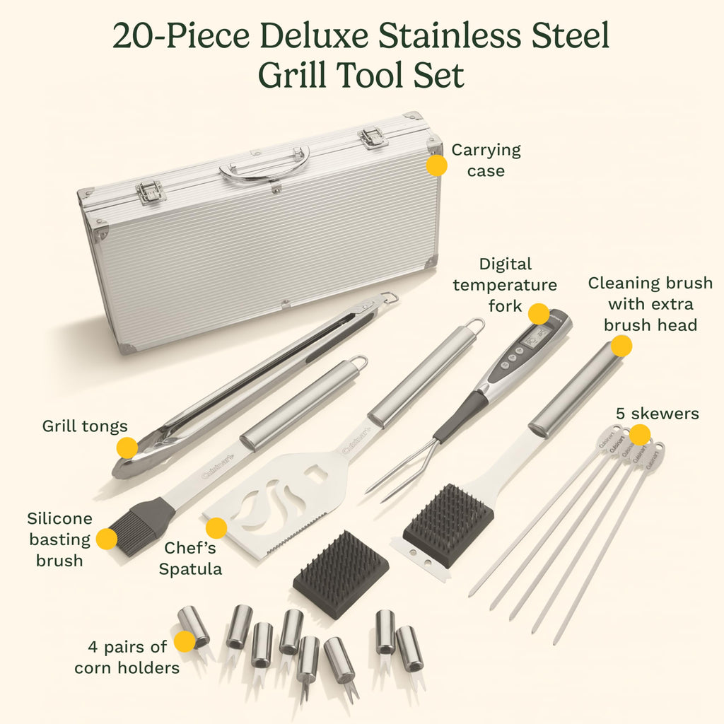 Cuisinart Deluxe Grill Tool Set, 20-Piece Grill Set, BBQ Accessories with Aluminum Case, Stainless Steel Grilling Accessories, BBQ Tools, Grilling Gifts for Men, for Dad Husband