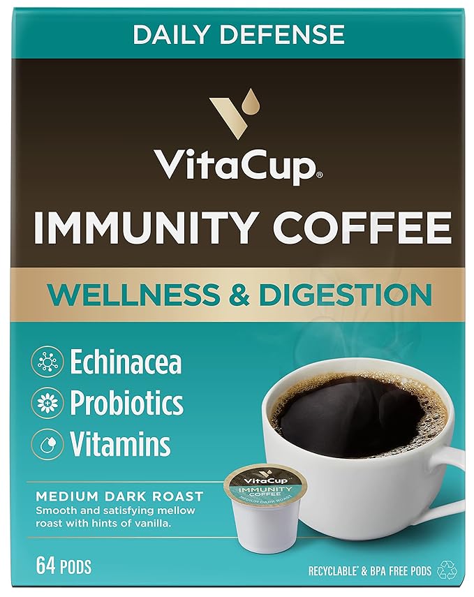 VitaCup Immunity Coffee Pods, Wellness Boost with Antioxidants, Echinacea, Probiotics, Vitamin C & D3, Medium Dark Roast, Single Serve Pod Compatible with Keurig K-Cup Brewers,64 Ct