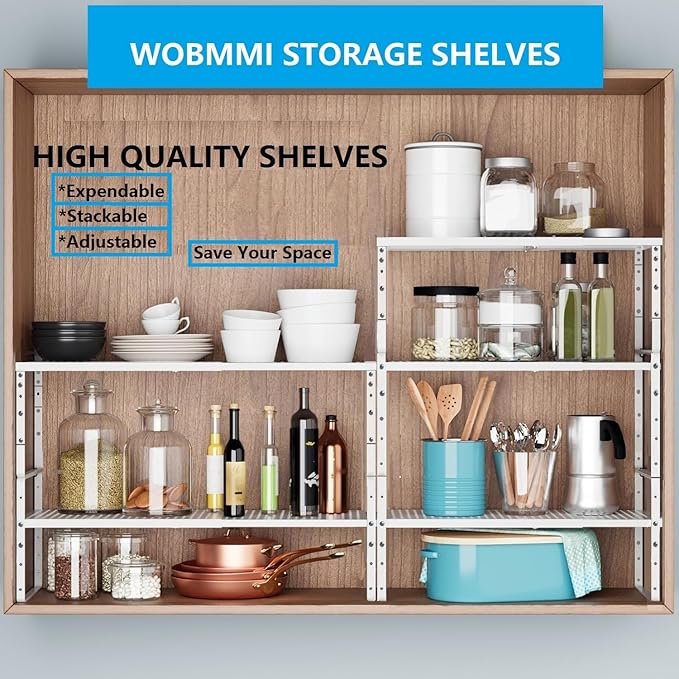 Wobmmi Expandable,Adjustable & Stackable Spice Rack, Cabinet Kitchen Countertop Shelf Organizer,Metal Pantry Storage Shelves - Space-Saving Storage Solution(2Packs/White/Large)