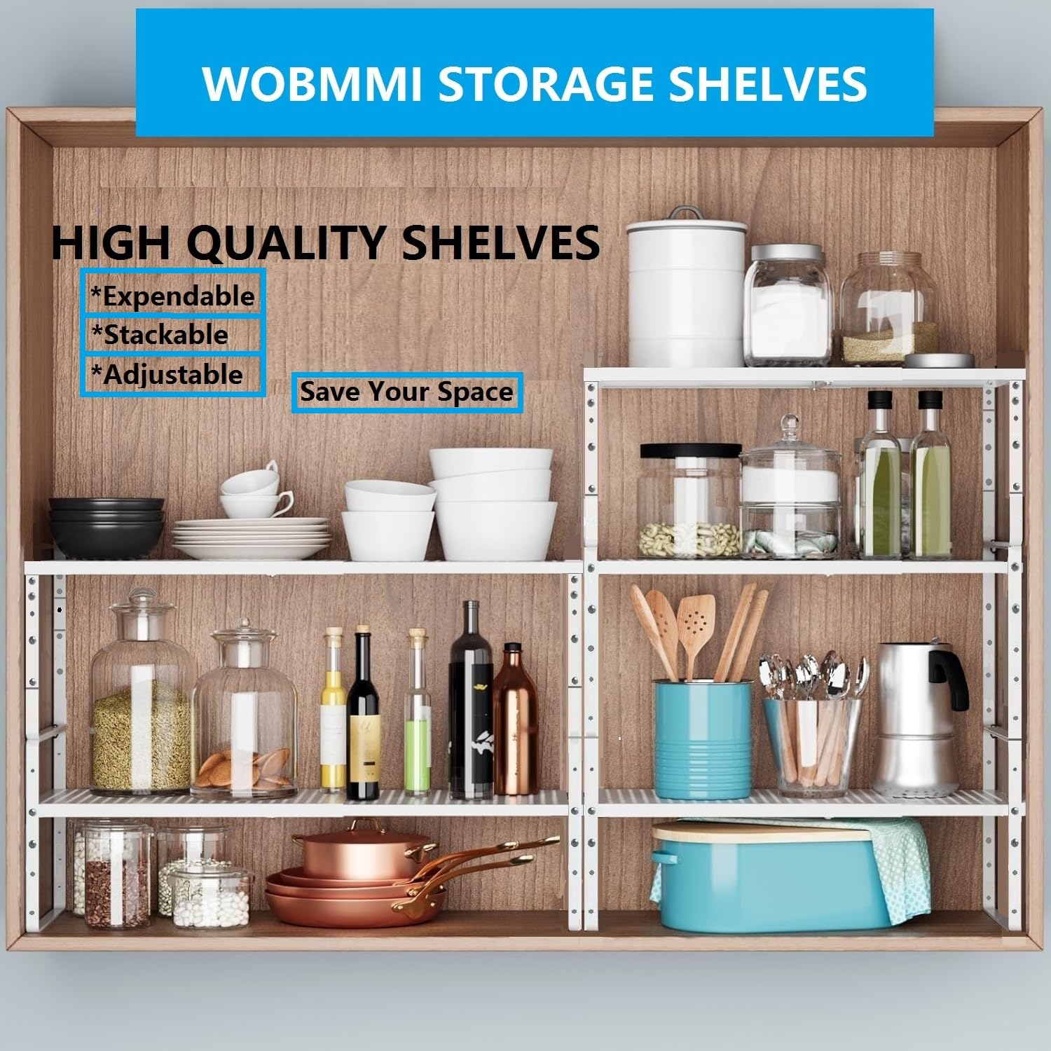 Wobmmi Expandable,Adjustable & Stackable Spice Rack, Cabinet Kitchen Countertop Shelf Organizer,Metal Pantry Storage Shelves - Space-Saving Storage Solution(2Packs/White/Large)