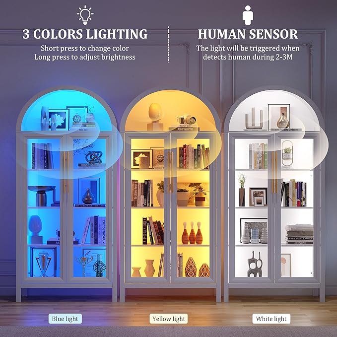 Dystler Arched Kitchen Pantry Cabinet with Glass Doors, Display Curio Case with 3 Color LED Lights for Collectibles, Modern 5-Tier Storage Hutch Cabinet, White