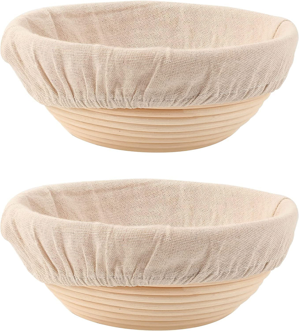 DOYOLLA Round Bread Dough Proofing Rising Rattan Baskets(Set of 2, 9 inch) w/Liners for Home Sourdough Bread Bakers