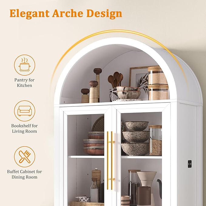Dystler Arched Kitchen Pantry Cabinet with Glass Doors, Display Curio Case with 3 Color LED Lights for Collectibles, Modern 5-Tier Storage Hutch Cabinet, White