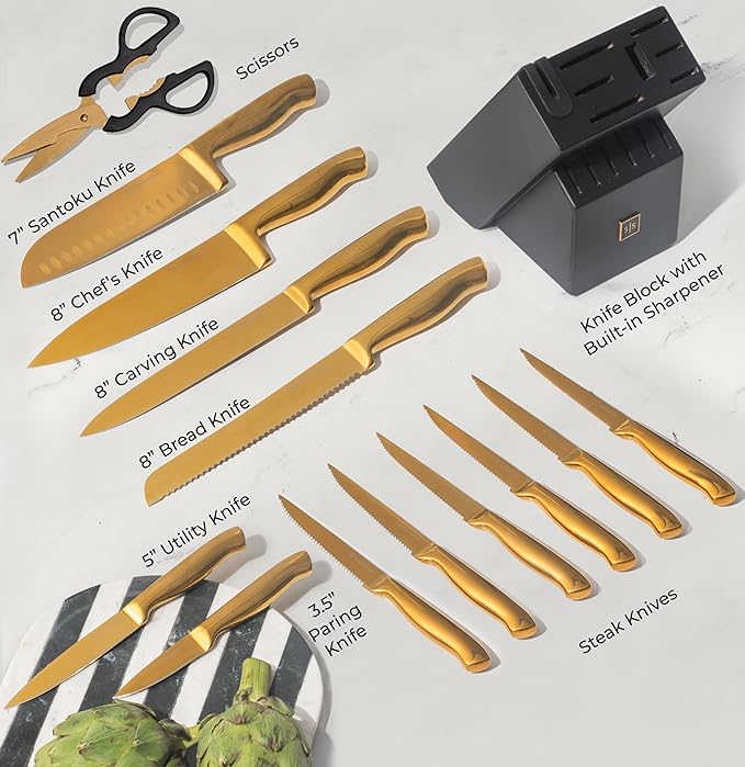 Styled Settings Gold Knife Set with Block and Built-In Sharpener, 14-Piece