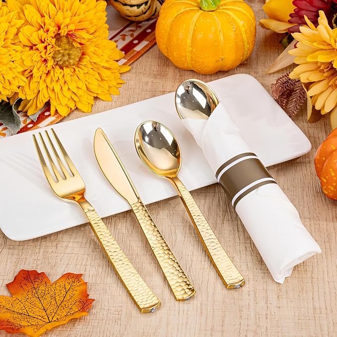 WELLIFE 75 Pack Gold Plastic Cutlery,Pre Rolled Silverware Set Disposable,Gold Disposable Utensils,Includes: 75 Forks, 75 Knives, 75 Spoons, 75 Napkins, Plastic Silverware