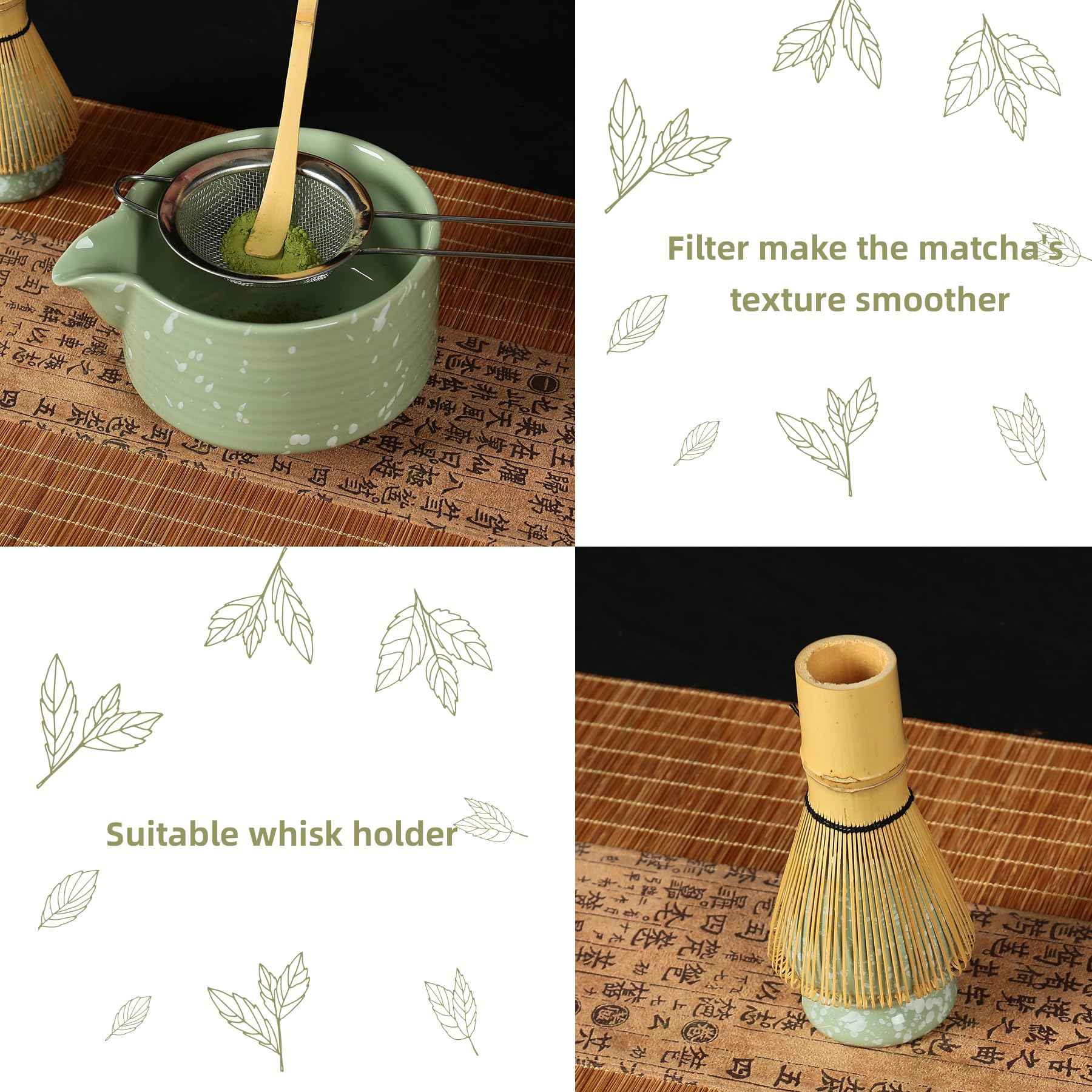 Matcha Whisk Set, Ceramic Matcha Set Includes Matcha Bowl with Spout, Whisk & Holder, Bamboo Scoop, Stainless Sifter, Towel, Matcha Kit Making Tools,Light Green,7 PCS