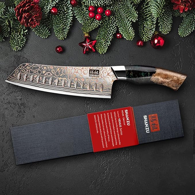 SHAN ZU Damascus Santoku Knife 7 inch, Japanese Kitchen Knives