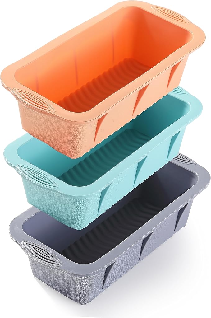 MONGSEW 3PCS Silicone Bread Loaf Pan, Non-Stick Bread Pans for Baking, Easy Release Loaf Pan, Great for Homemade Bread, Cakes, Brownies, Dishwasher Safe (3 Colors, Nesting Design)