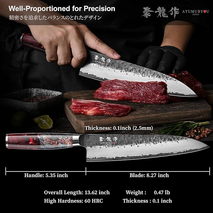 8.27 Inch Japanese Gyuto Chef Knife, Black Forged 3-Layer VG10 Steel Core