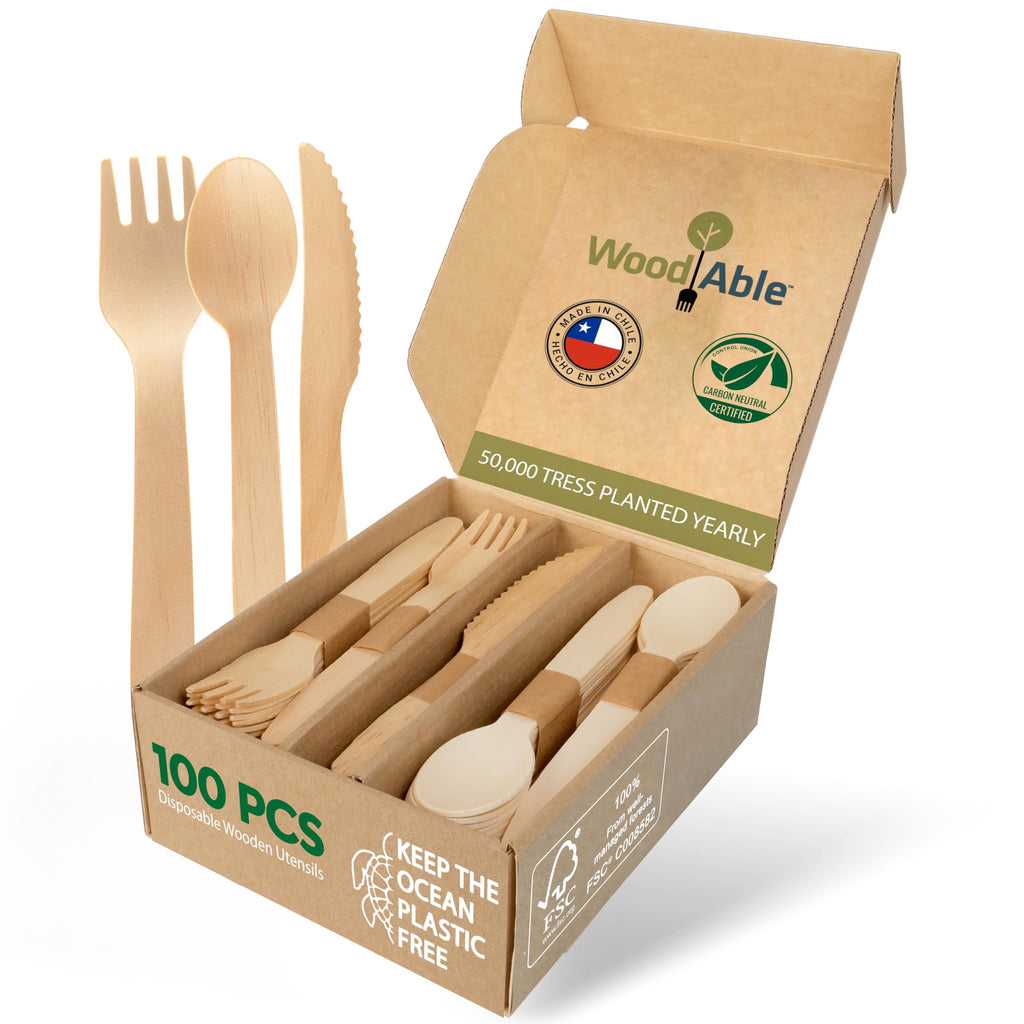 WOODABLE Wooden Cutlery, 100 Pack, 6.5 Inch, Bamboo Utensils Alternative