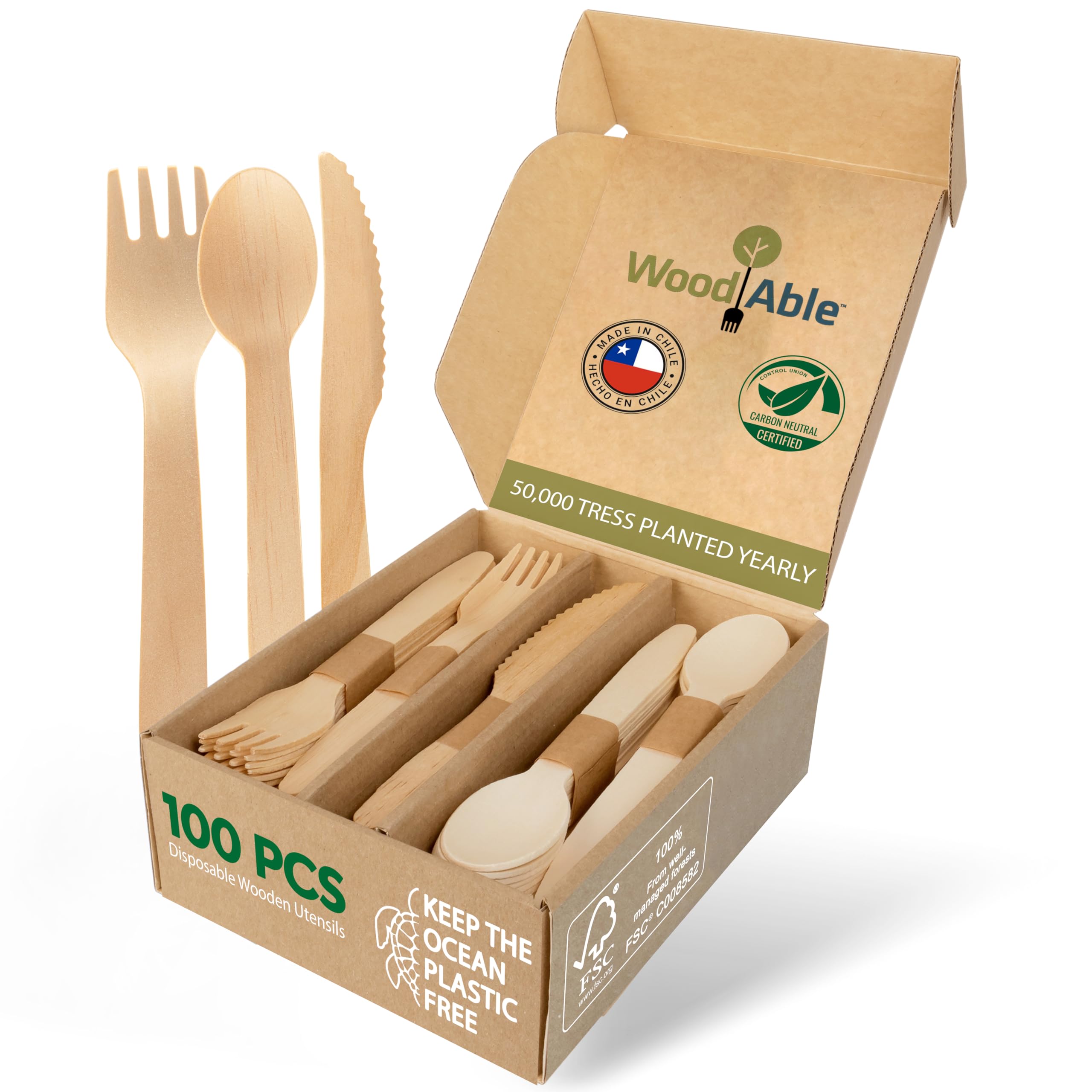 WOODABLE Wooden Cutlery, 100 Pack, 6.5 Inch, Bamboo Utensils Alternative