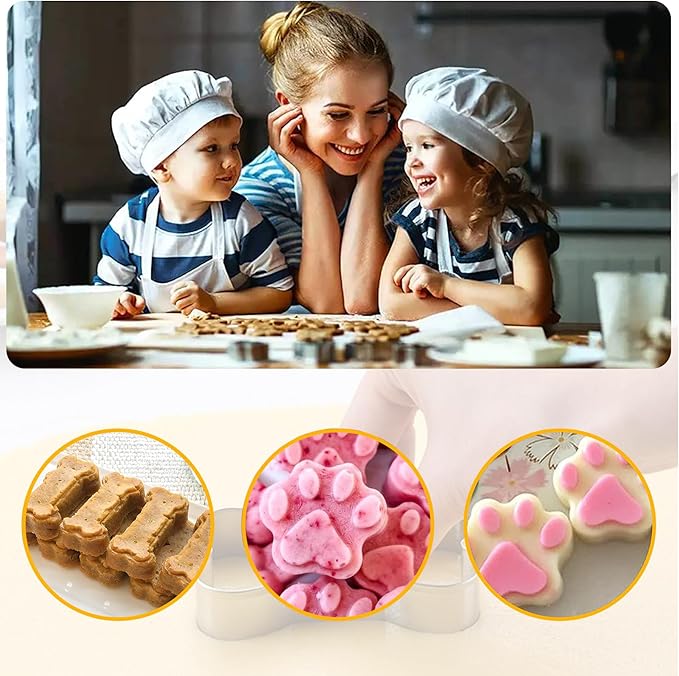 SAGOOITS Silicone Molds Puppy Dog Paw & Bone Shaped 2 in 1 and Stainless Steel Cookie Cutter,for Homemade Treats Cat Animal Ice Candy Chocolate Baking Mold(Pink&Purple&Red)