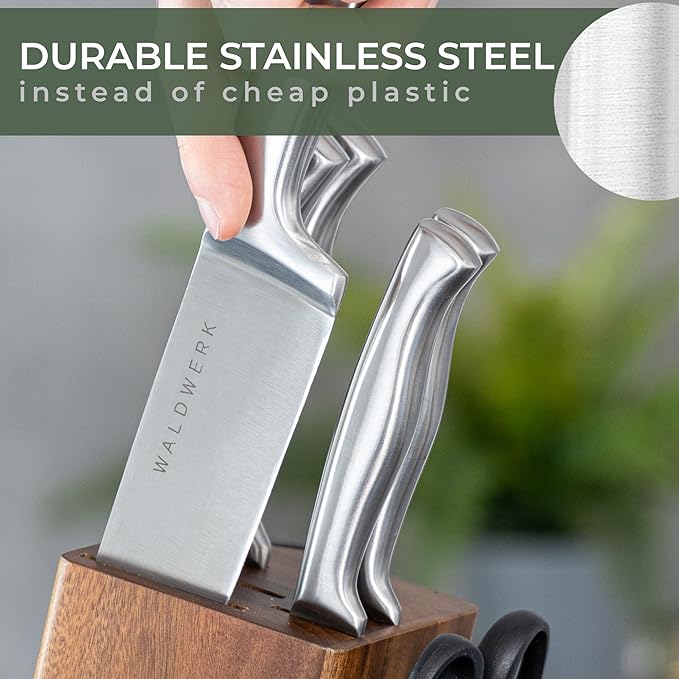 WALDWERK Knife Set - 7pcs Kitchen Knife Set with Block and Integrated Sharpener - Kitchen Knife Set - Knife Block Set - Kitchen Knifes - Knives Set for Kitchen - Knife Block - Knife Set with Block