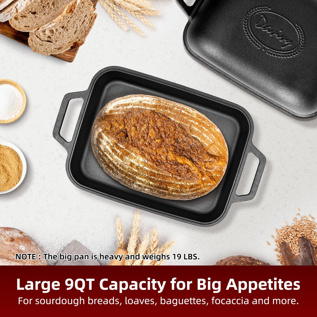 Davivy 9QT Large Cast Iron Bread Loaf Pan with Lid, Dutch Oven for Sourdough Bread Baking, Non-stick Cast Iron Sourdough Baking Pan with Lid, 12.3" x 9.2", Matte Black