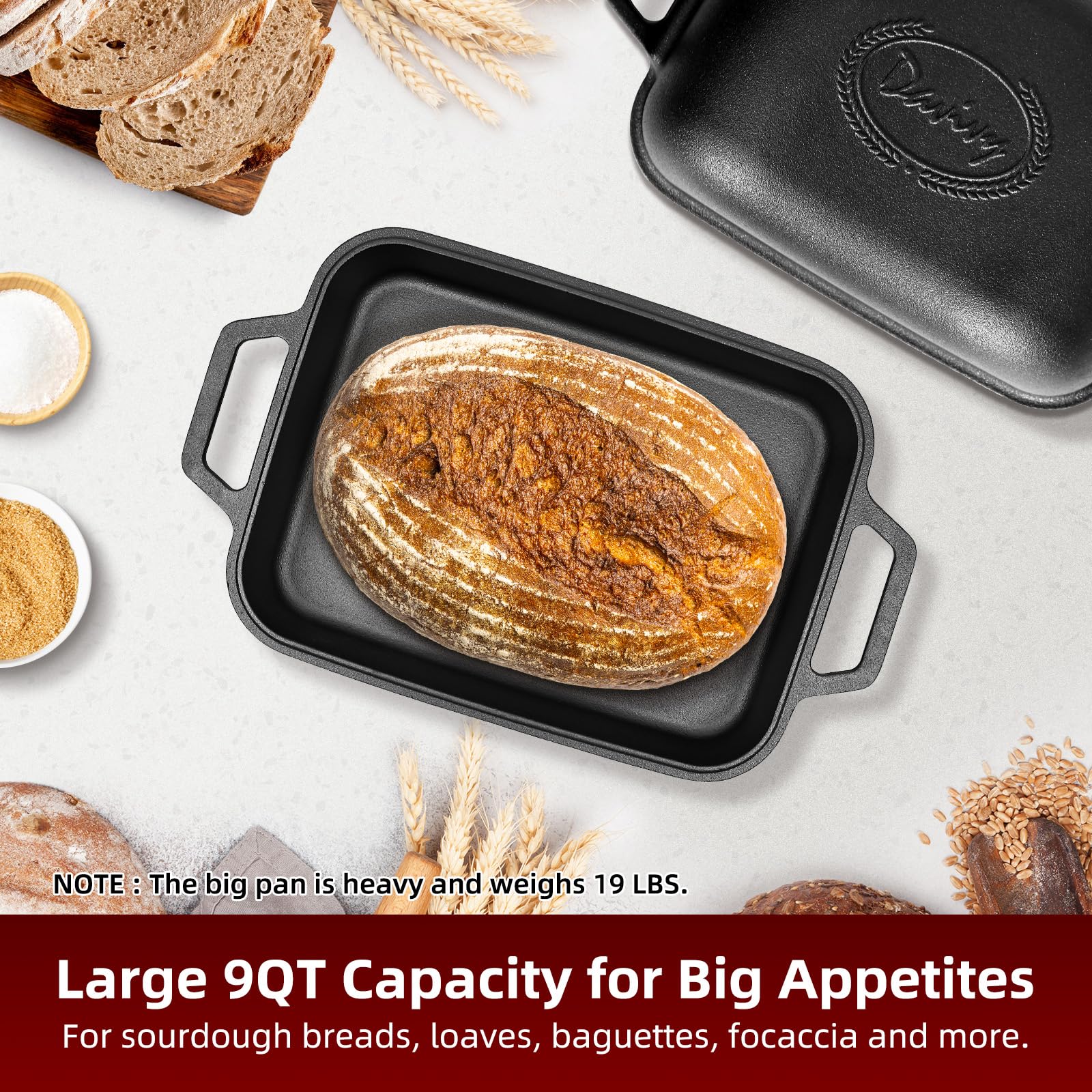 Davivy 9QT Large Cast Iron Bread Loaf Pan with Lid, Dutch Oven for Sourdough Bread Baking, Non-stick Cast Iron Sourdough Baking Pan with Lid, 12.3" x 9.2", Matte Black