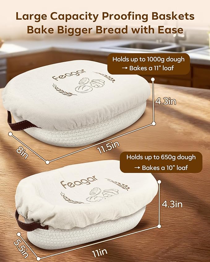 Feagar Bread Proofing Basket Set: XL 11.5” Banneton Holds 1000g Dough, Includes Multi-Purpose Proofing Cloth for Baguettes, Round Loaf & Sourdough Bread Baking Supplies | 2-Pack with Liners & Covers