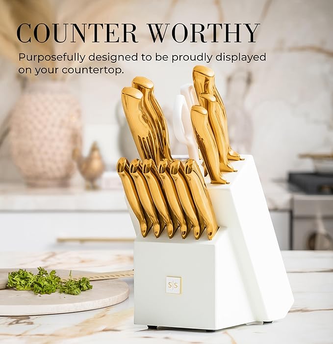 Styled Settings Gold Knife Set with Block and Sharpener, 14-Piece