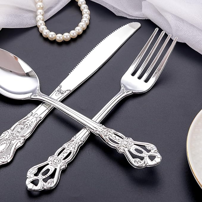 Joyido 40PCS Silver Plastic Silverware - Elegant Cutlery Sets for Party