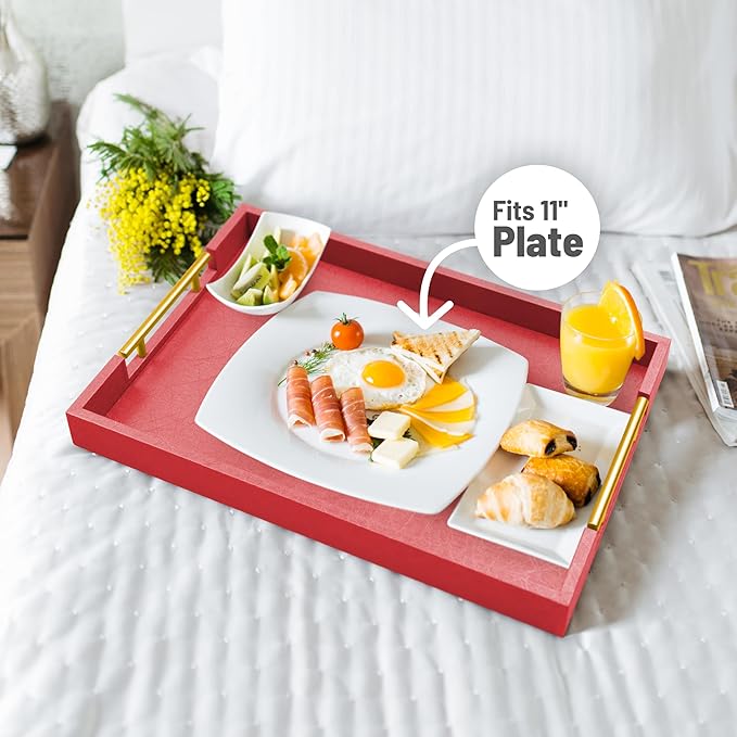 ATZYmolin 17"x12" Leather Serving Tray, Gold Handle Vanity Platter, Red