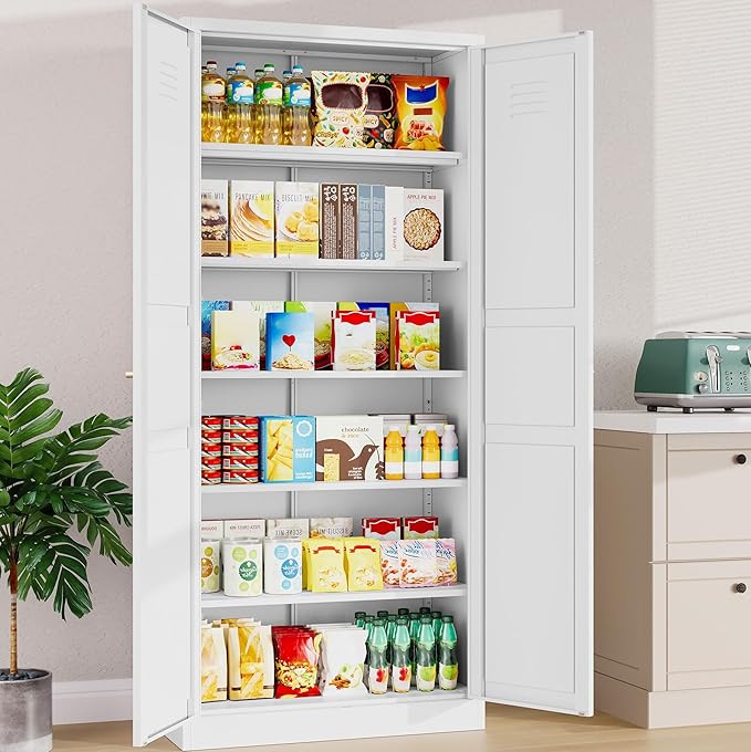 SISESOL 71" Tall Pantry Cabinet with 2 Doors and 5 Shelves,Kitchen Pantry Storage Cabinets,White Metal Storage Cabinet,Wide Deep Food Cupboard for Home,Kitchen,Dining/Living Room