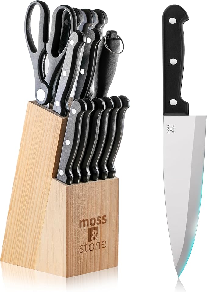 Moss & Stone 14 Pcs Kitchen Knife Set with Block, Stainless Steel