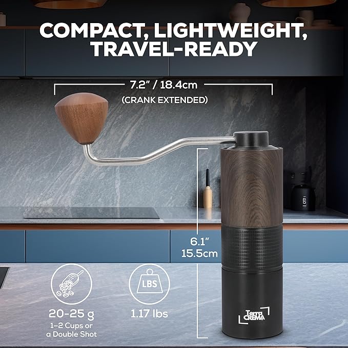 Terra CREMA Manual Coffee Grinder – Precision Stainless Steel Conical Burr Hand Grinder for Espresso, Pour Over, French Press & Aeropress – All-in-One Travel Kit with Carry Case, Brush & Air Blower