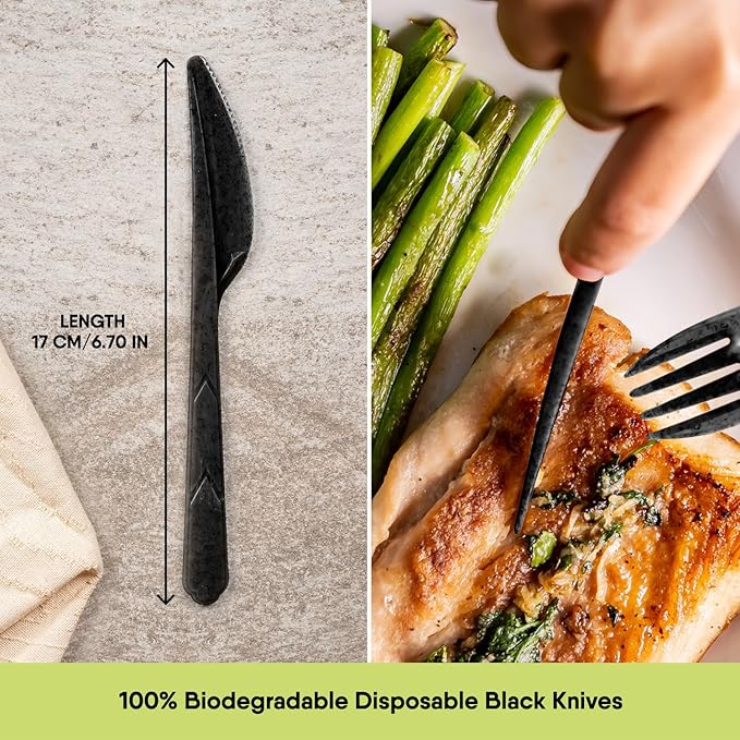 Premium Quality 100% Biodegradable Black Knives Made of Vegetable Fibers, 100 PCS of 6.7” Long Heavy-Duty and Splinter Free Eco-Friendly Black Knives, Sustainable Cutlery for All Types of Occasions