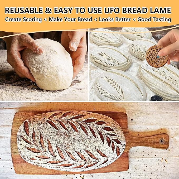 Upgraded 3D Carved UFO Bread Lame for Sourdough, Wooden Sourdough Scoring Tool with Recessed Mandala Pattern, PU Storage Case, 5 Replaceable Blades & Finger Protectors, Bread Scorer for Homemade Bread