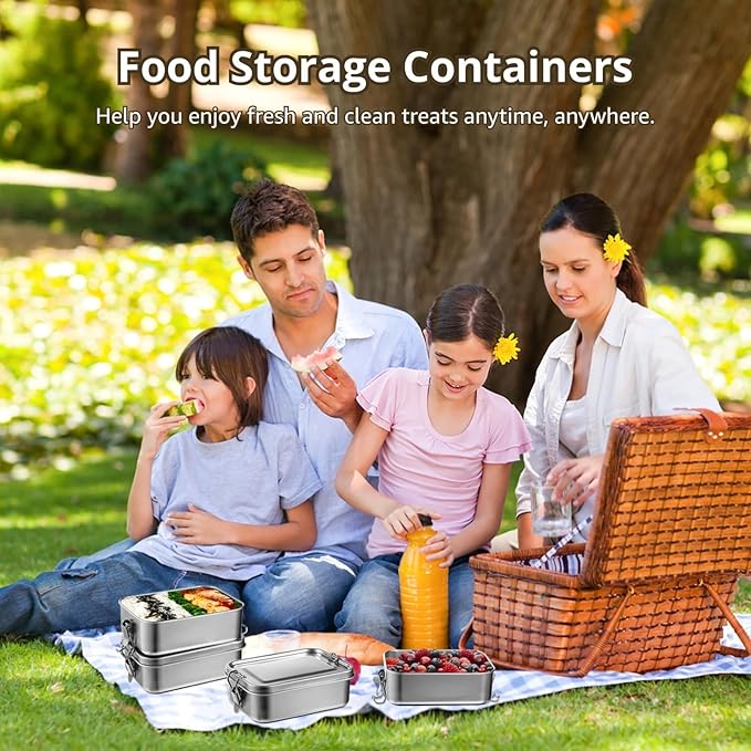 Tideme 4 PCS Bento Boxes, 850 ML Stainless Steel Lunch Boxes, Food Storage Containers, Portable Metal Lunch Containers, Lockable Clips to Leak Proof, Reusable Dishwasher Safe Lunch Snack Boxes
