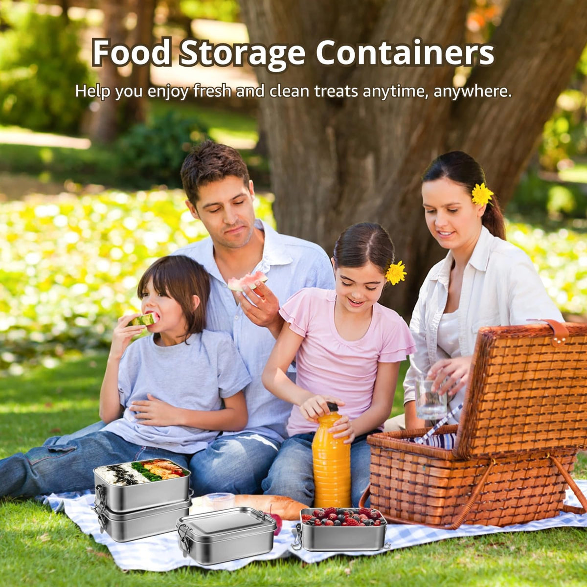 Tideme 4 PCS Bento Boxes, 850 ML Stainless Steel Lunch Boxes, Food Storage Containers, Portable Metal Lunch Containers, Lockable Clips to Leak Proof, Reusable Dishwasher Safe Lunch Snack Boxes
