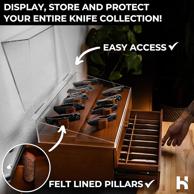 Holme & Hadfield 50 Knife Wooden Pocket Knife Display Case with 2 Drawers