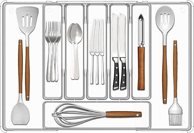 Baosia Silverware Drawer Organizer, Expandable Utensil Tray for Kitchen Drawers,BPA Free Flatware and Cutlery Holder,Adjustable Plastic Storage for Utensil like Spoons, Forks, Knives.Clear