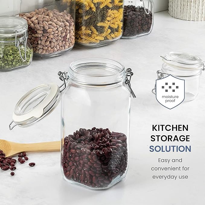 Bormioli Rocco Fido Squared Wide Mouth Glass Jar with Airtight Gasket Clamp Lid for Canning and Food Storage, Clear Top, 67.75 oz.