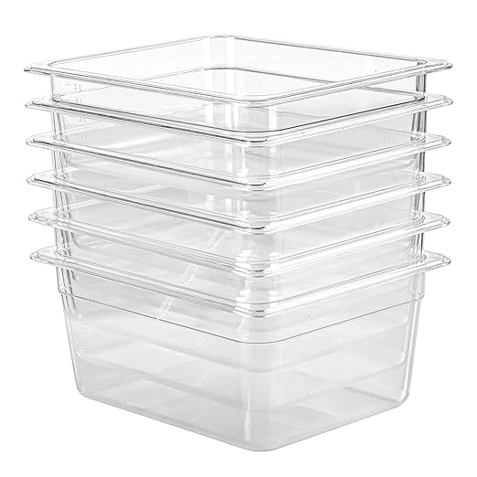 EGGKITPO Half Size Food Containers 6 Pack 6 Inch Deep Hotel Pan Clear BPA free Polycarbonate Stackable Food Storage Container for Kitchen Business and Food Serving